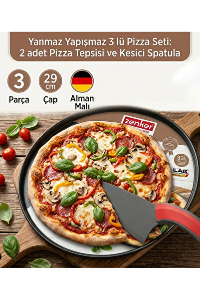 Famelya Yanmaz Yapışmaz Çelik 3 lü Pizza Seti - 2 adet 29 cm Pizza Tepsisi ve Kesici Spatula Dayanaklı Tava