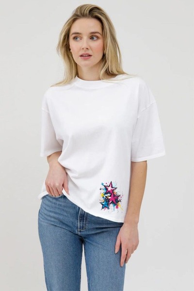 Özel Baskılı Oversize Pamuklu Bisiklet Yaka T-Shirt