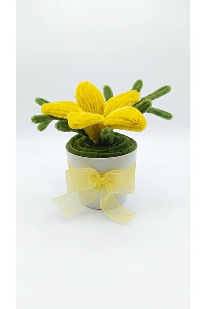 Bee Flower Shop Şönil Sarı Lilyum Mini Saksı – Sarı Kurdelalı