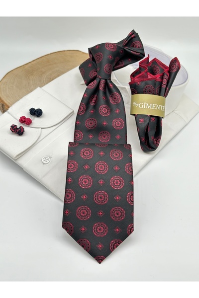 Gutiero Black and Red Patterned Classic Tie with Handkerchief