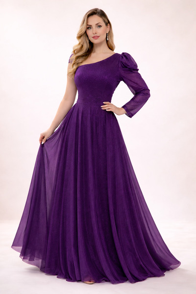 IŞILTI Women's Evening Dress Purple One-Shoulder Princess Sleeve Glittery Tul...