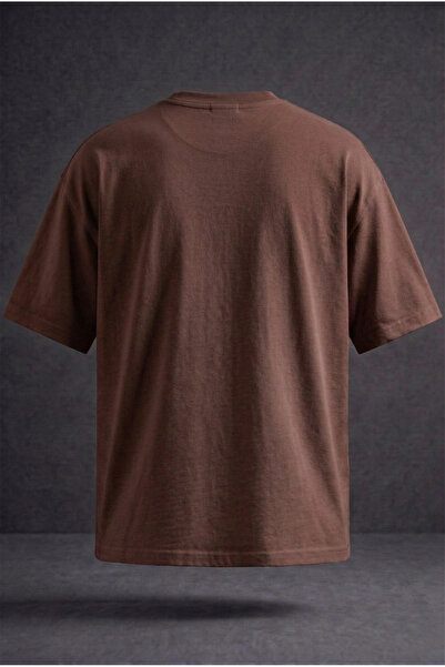 VOSSAX Unisex Kahverengi Bisiklet Yaka %100 Pamuk Premium Kalite Oversize Tişört (T-Shirt)