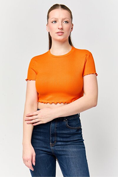 Don't Call Me Jennyfer Women Ribbed Short Sleeve Cropped Top, Orange