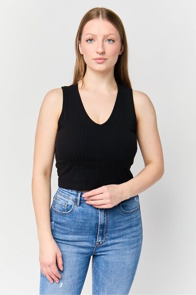 Don't Call Me Jennyfer Women V Neck Sleeveless Ribbed Tank Top, Black