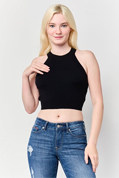 Don't Call Me Jennyfer Women Crew Neck Sleeveless Ribbed Crop Top, Black