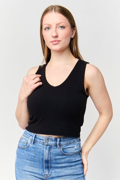 Don't Call Me Jennyfer Women V-Neck Sleeveless Textured Tank Top, Black