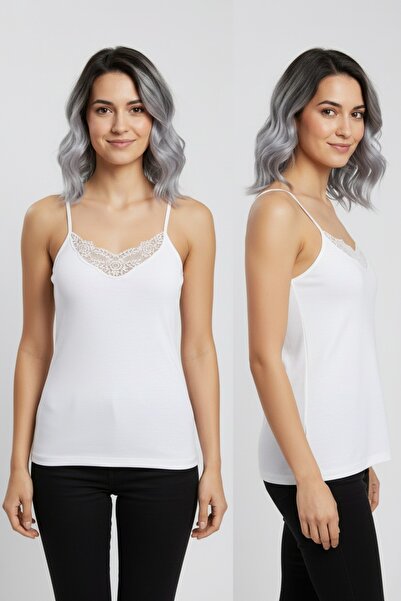 fevien Women's White 2-Pack V-Neck Lace Detailed Thin Strap 100% Cotton Ribbe...