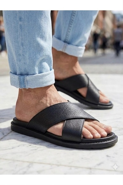 Didaly Πολυτελείς ανδρικές παντόφλες με χιαστί λουράκια, μαύρη δερμάτινη ανατ...