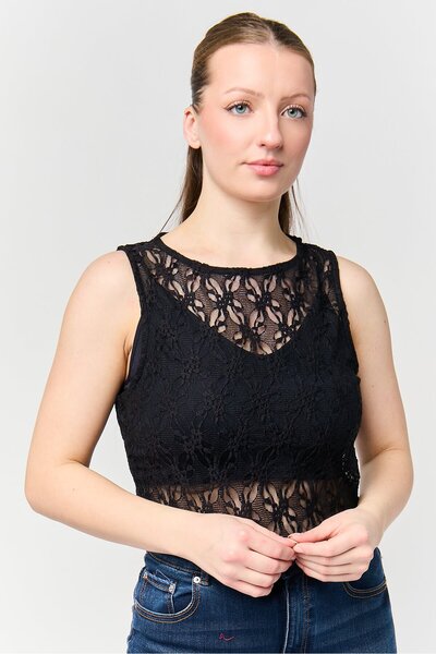 Don't Call Me Jennyfer Women Crew Neck Mesh Sleeveless Tank Top, Black