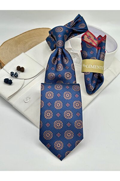 Gutiero Navy Blue Patterned Classic Tie with Handkerchief