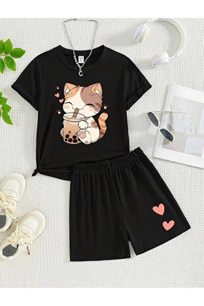 No Plan Girls' Black Round Neck T-Shirt and Shorts Set