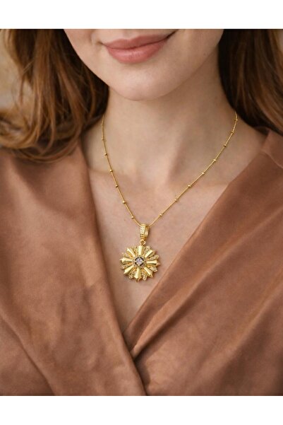 Moda Sekiz Women's Gold Sparkling Sun Detailed Stone Steel Necklace