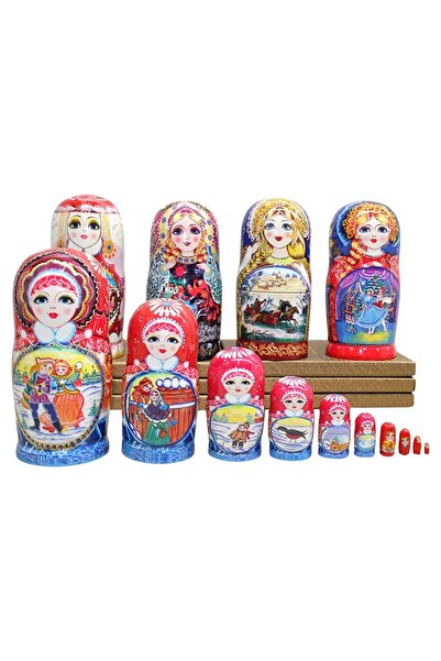 Dünyadan Hediyeler Onlu Ahşap Matruşka Bebek Seti 20cm Lüks Renkli 10 Parça M20