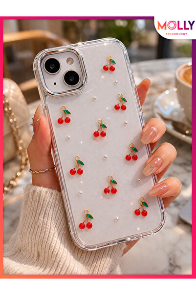 Molly iPhone 15 İçin Cherry Pearl Luxe Şeffaf Işıltılı Kiraz Desenli Premium ...