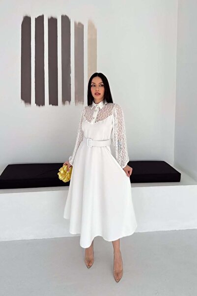 XXL BUTİK Γυναικείο Λευκό Δαντελένιο Φόρεμα Μίντι με Λεπτομέρεια Ζώνης και Κο...