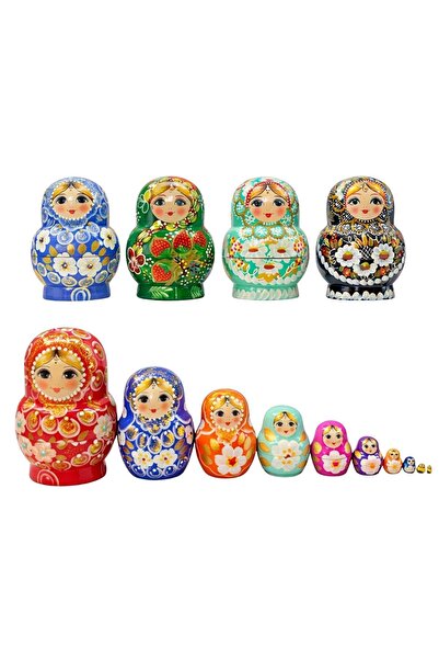 Dünyadan Hediyeler Onlu Ahşap Matruşka Bebek Seti Tombul 15cm Renkli 10 Parça...