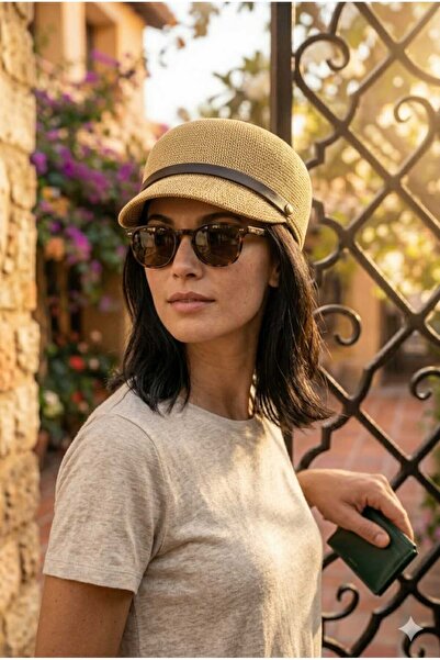 WOHOME Women's Straw Raffia Knitted Cap Hat with Band Detail Summer Model