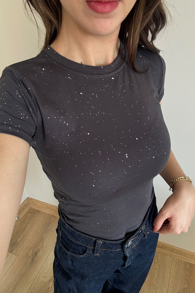 İlayda Toprak Cris Smoked Glitter Cyrstal Detail Slim Fit Κοντομάνικο T-Shirt...