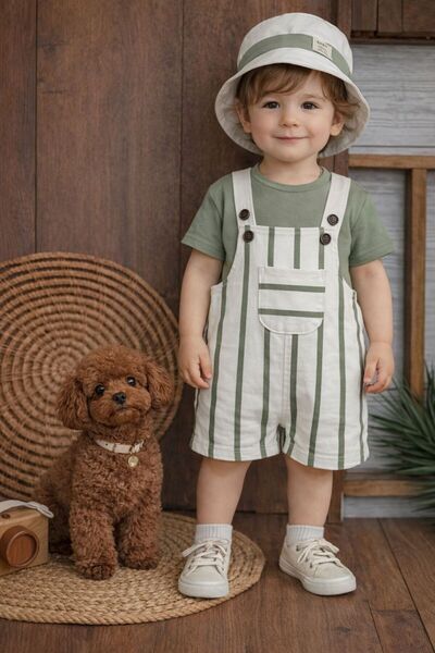 P&H BABYWEAR طقم سالوبيت صيفي للأولاد الصغار مع قبعة سفاري مخططة وحزام كتف