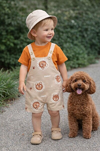 P&H BABYWEAR Omuzdan Çıtçıtlı Badili Ayıcık Baskılı Safari Şapkalı Yazlık 3'l...