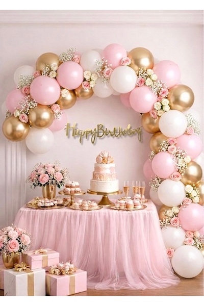 Öztürkpartievi Pembe Beyaz Gold Happy Birthday Balon Zinciri Seti (60 Balon+B...