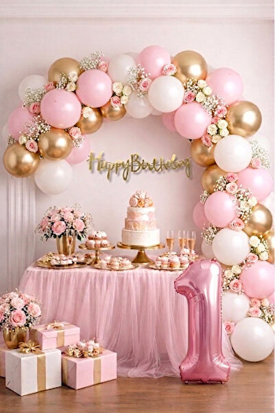 Öztürkpartievi 1 Yaş Pembe Beyaz Gold Happy Birthday Balon Zinciri Seti (60 B...