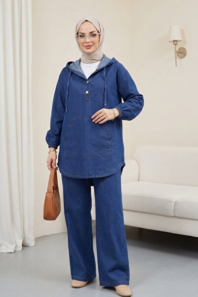 Modamorfo Hooded half button kangaroo pocket denim suit -indigo