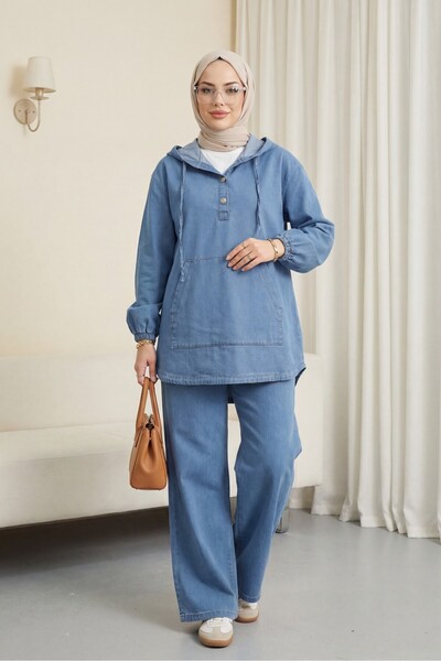 Modamorfo Hooded half button kangaroo pocket denim suit - blue