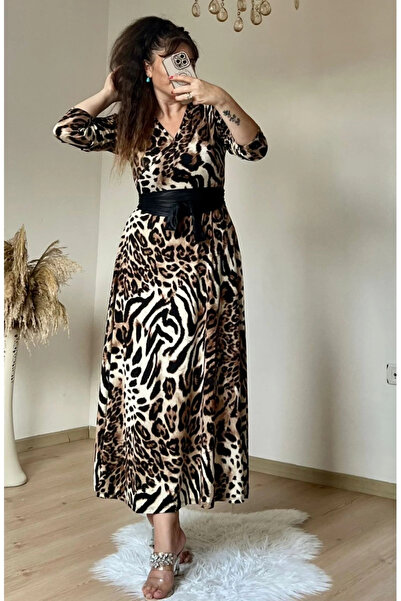 AZRA BUTİK Καφέ λεοπάρ χτενισμένο βαμβακερό φόρεμα με ζώνη δαχτυλίδια