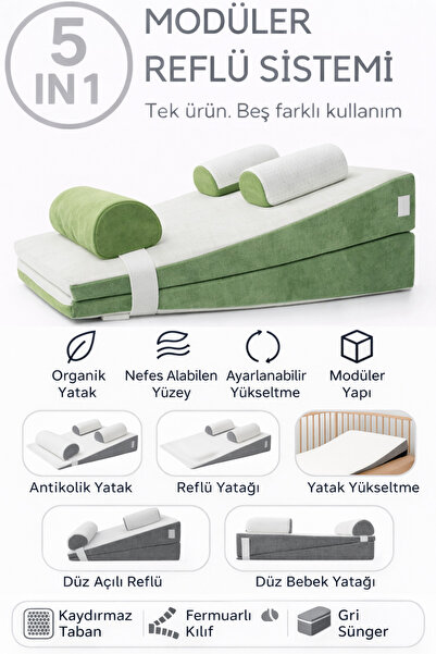 SABY 5 in 1 Modüler Bebek Yatağı – Antikolik - Düz Yatış - 30° Açılı Yatağı