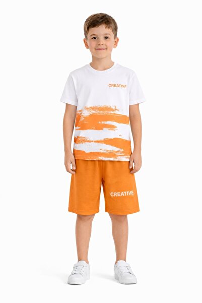 Cansın Mini Πορτοκαλί δημιουργικό μπλουζάκι με γραπτά σχέδια και σορτς για αγ...