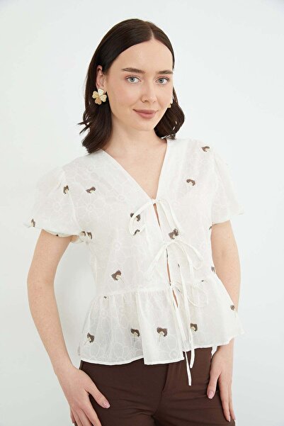 Fulla Moda Μπλούζα με κέντημα λουλουδιών και μανίκια μπαλόνι