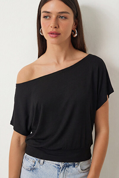 Lovelyİstanbul Πλεκτή μπλούζα με ανοιχτούς ώμους LDZ0072 ΜΑΥΡΗ