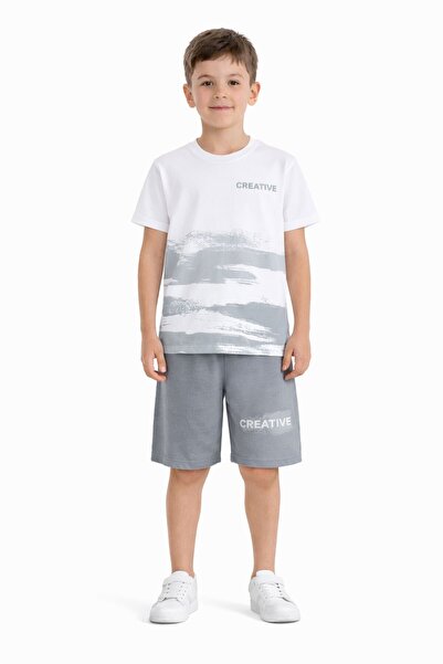 Cansın Mini Γκρι δημιουργικό μπλουζάκι με γραπτά σχέδια και σορτς για αγόρια,...