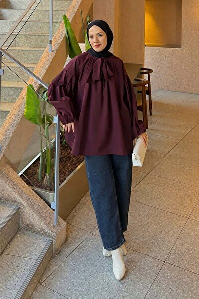 lamelif Πουκάμισο με λεπτομέρεια φουλάρι στο γιακά, σε χρώμα δαμασκηνί