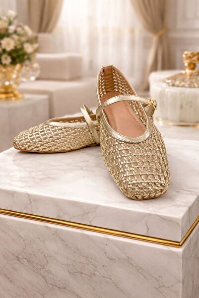 FİORE WOMEN Gold Knitted Summer Women's Ballerina Shoes