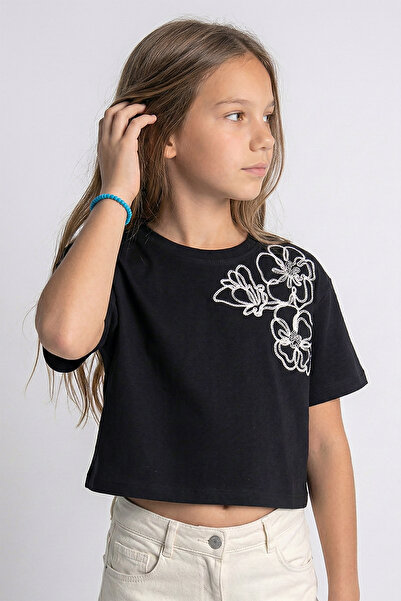 Dmb Tricou crop pentru fete cu broderie florală
