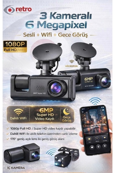 Retro RT-165 6MP Sesli-Wifi-Gece Görüş 3 Kameralı Araç Kamerası