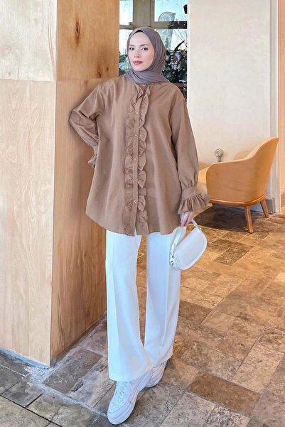 lamelif Φλορές Φρούτσες Τουνίκ με βολάν σε απαλό καφέ