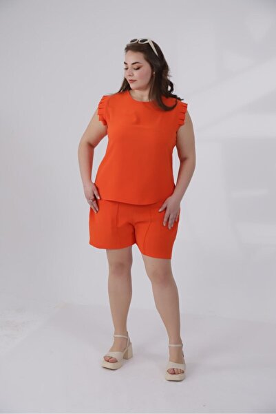 Roxxlen Women's Plus Size Pleated Detailed Shorts Set Coral