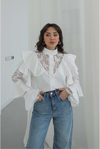 Noi Belis Flounced Lace Detailed Woven Shirt Ss26Go0013