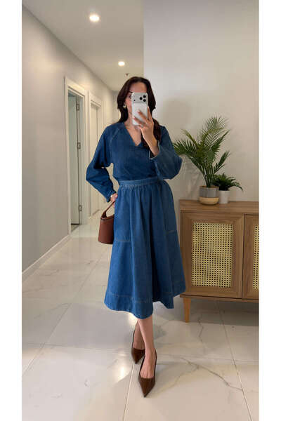 BİRCANÇİL Wilsa Μπλε Τζιν Φούστα με Λεπτομέρεια Τσέπης