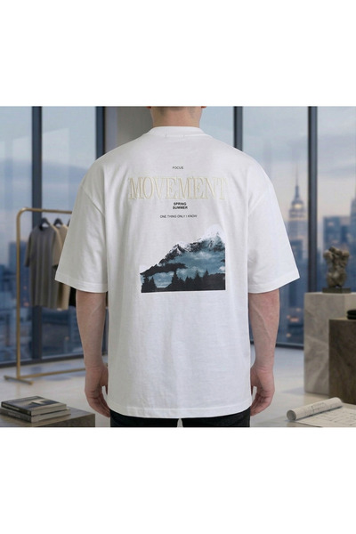 Erkek Oversize Sırt Baskılı Nakışlı Bisiklet Yaka %100 Pamuk T-shirt