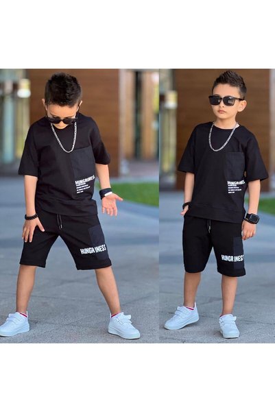 RAPAPA Boy's Pocket Detailed T-Shirt Shorts Set Black-11704S