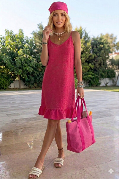 Pasaklı Giyim Γυναικεία φούξια ροζ φούστα με βολάν και κρεπ λουράκια, καλοκαι...