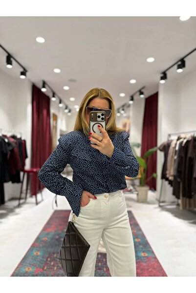 Serpirella Butik Πουά Πουκάμισο με επένδυση σε σκούρο μπλε χρώμα