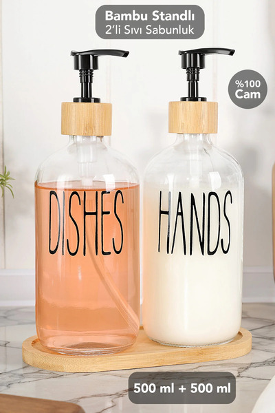 Meleni Home 2'li Cam Sıvı Sabunluk Seti - Bambu Standlı Bulaşık Deterjanlık Ş...