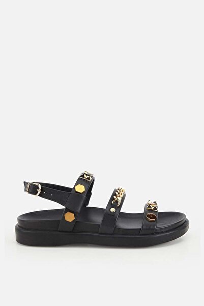 Yaya by Hotiç Γυναικεία Μαύρα Χρυσά Αξεσουάρ Σανδάλια με Πολλές Λωρίδες και Χ...