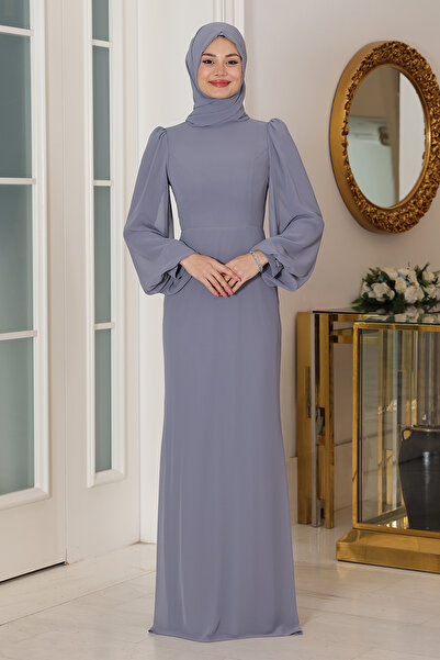 AHUNUR Tesettürde Mutluluk Turquoise Hijab Evening Dress with Belt