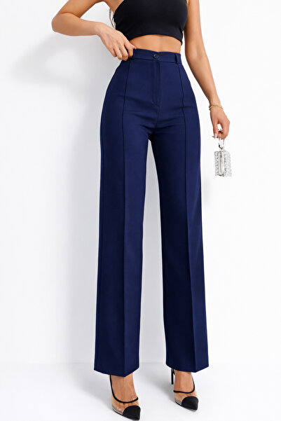 FVTEKSTİL Γυναικείο παντελόνι Palazzo σε μπλε ναυτικό χρώμα με ραφές και ψηλό...